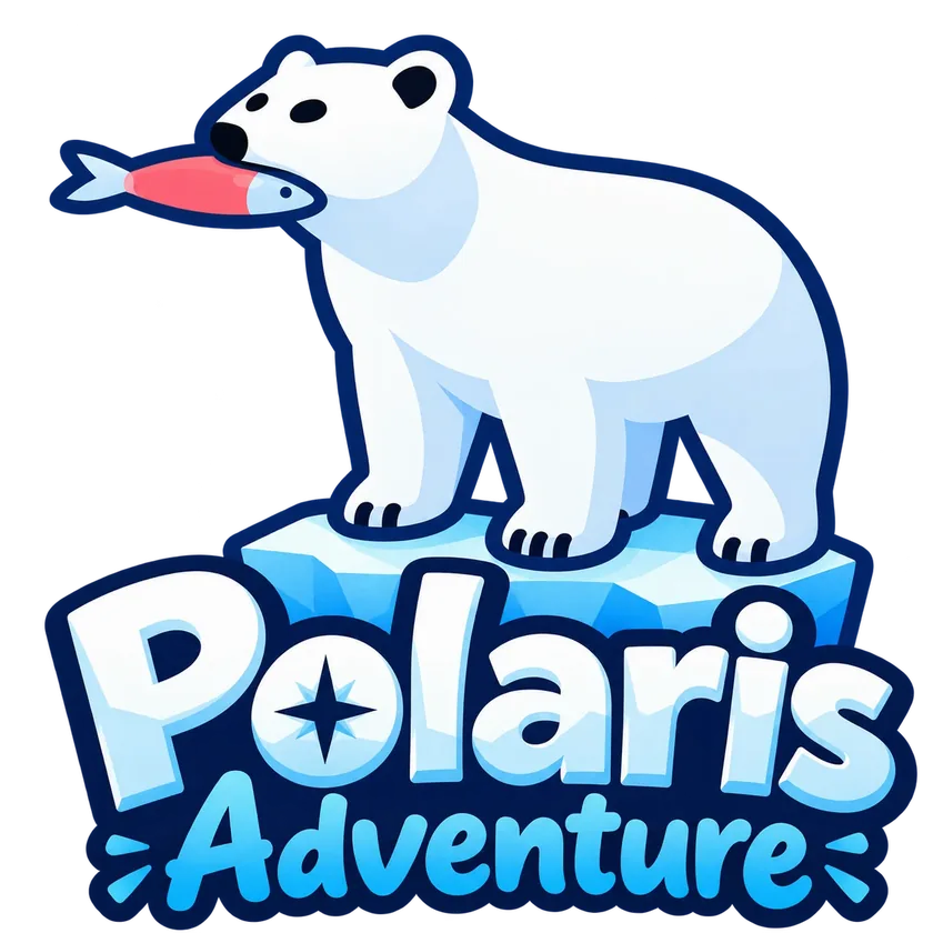 Polaris Adventure logo: a polar bear holding a fish on an iceberg